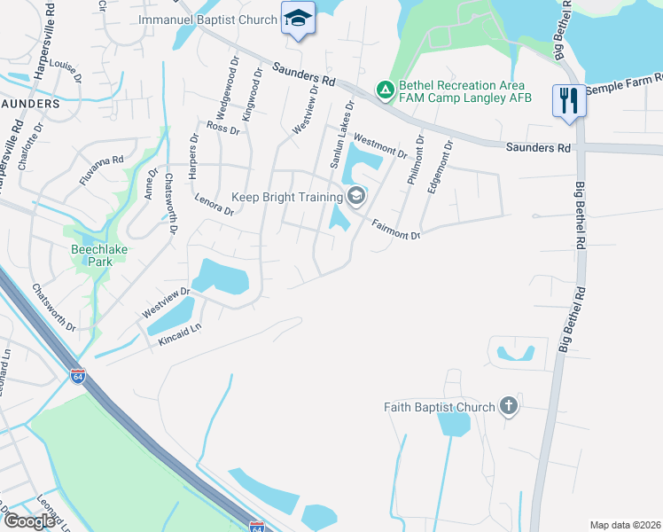 map of restaurants, bars, coffee shops, grocery stores, and more near 74 Sandy Lake Drive in Hampton