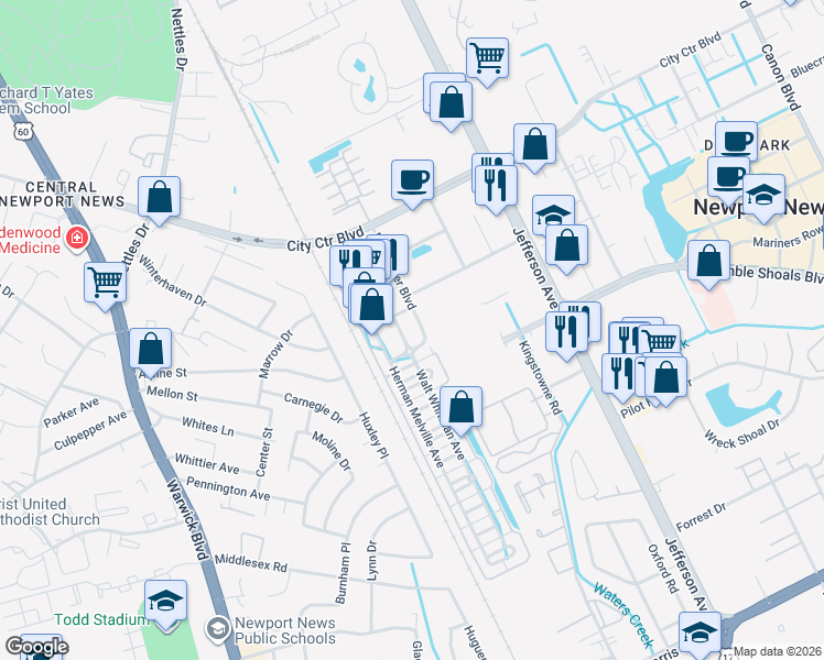 map of restaurants, bars, coffee shops, grocery stores, and more near 1100 William Styron Square South in Newport News