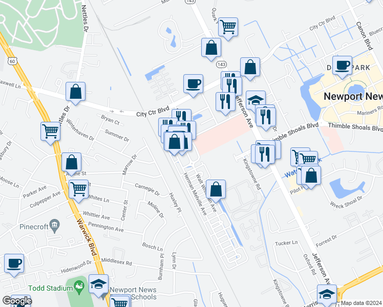 map of restaurants, bars, coffee shops, grocery stores, and more near 1100 William Styron Square South in Newport News