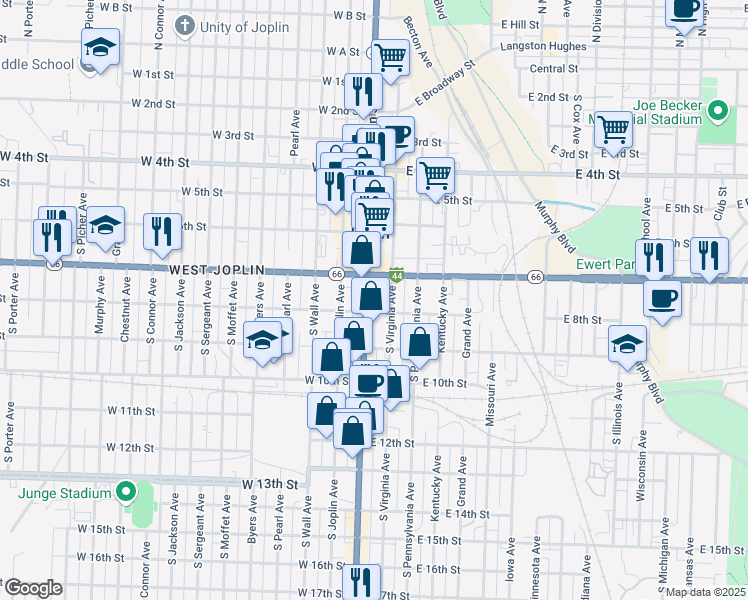 map of restaurants, bars, coffee shops, grocery stores, and more near 731 Missouri 43 in Joplin