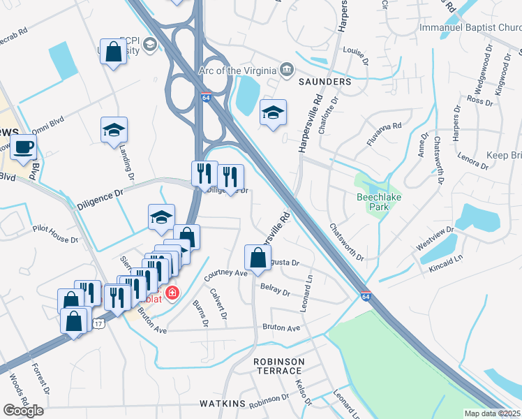 map of restaurants, bars, coffee shops, grocery stores, and more near 800 Constance Drive in Newport News