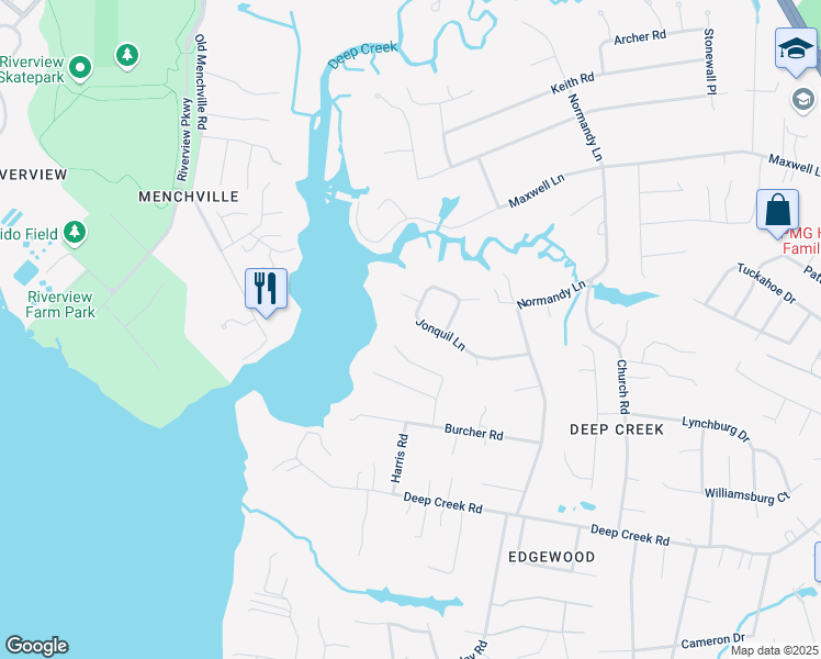 map of restaurants, bars, coffee shops, grocery stores, and more near 25 Jonquil Lane in Newport News