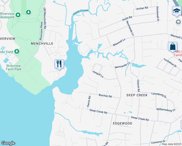 map of restaurants, bars, coffee shops, grocery stores, and more near 25 Jonquil Lane in Newport News