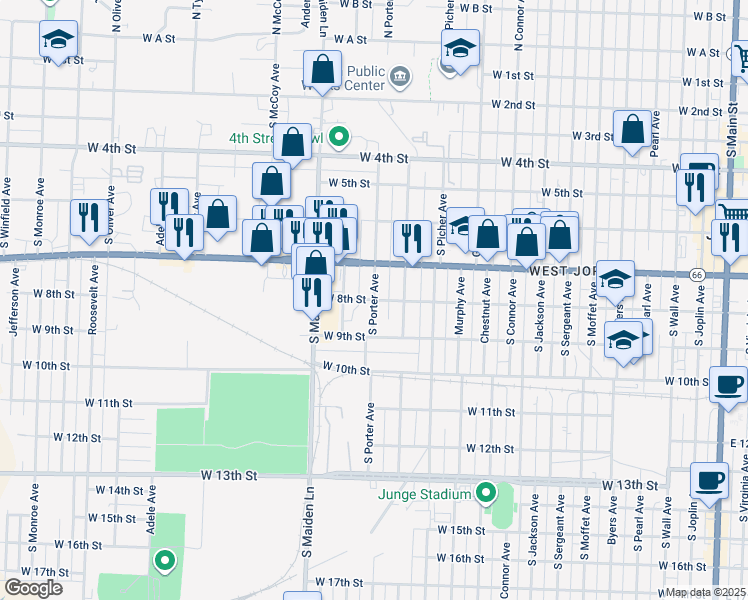 map of restaurants, bars, coffee shops, grocery stores, and more near 1299 West 8th Street in Joplin