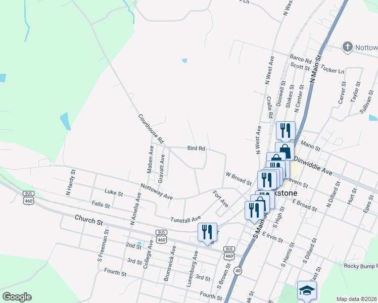map of restaurants, bars, coffee shops, grocery stores, and more near 207 Bird Road in Blackstone