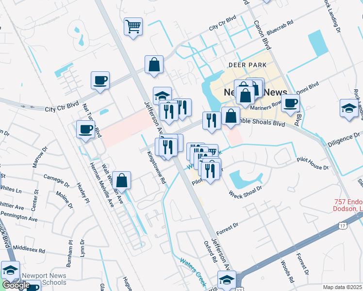 map of restaurants, bars, coffee shops, grocery stores, and more near 600 Thimble Shoals Boulevard in Newport News