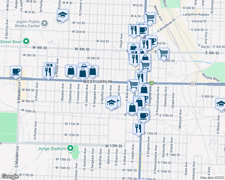 map of restaurants, bars, coffee shops, grocery stores, and more near 725 South Byers Avenue in Joplin
