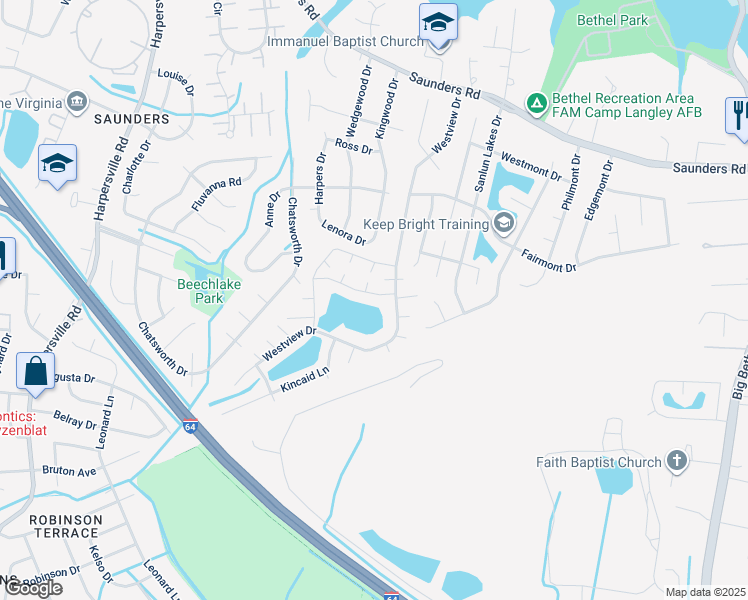 map of restaurants, bars, coffee shops, grocery stores, and more near 17 Dawn Lane in Hampton