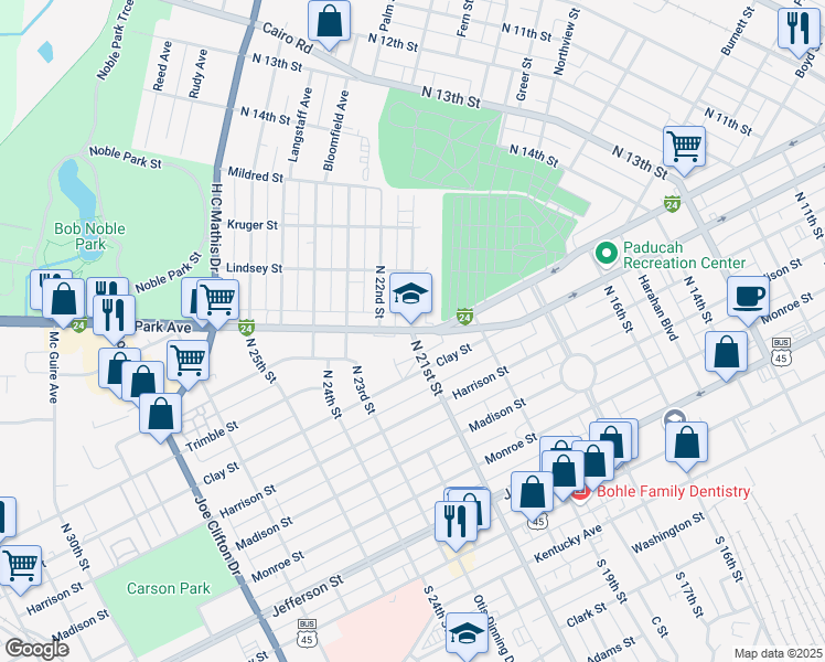 map of restaurants, bars, coffee shops, grocery stores, and more near 699 North 21st Street in Paducah