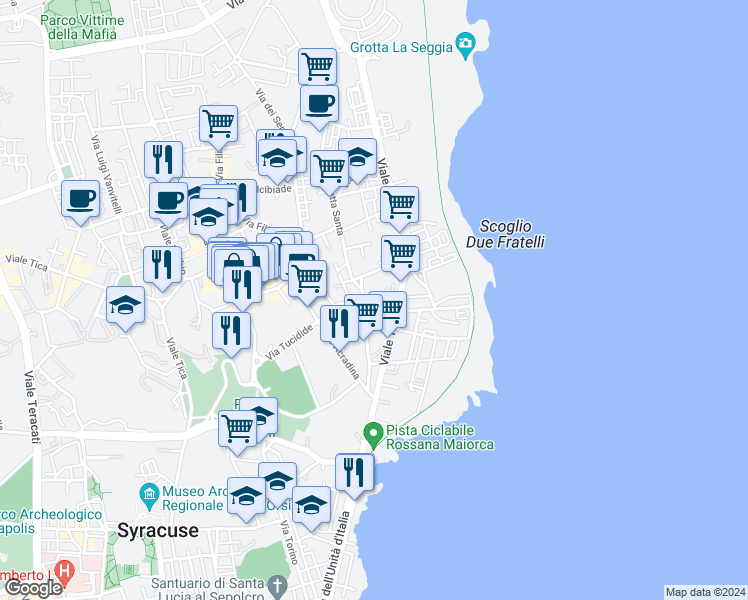 map of restaurants, bars, coffee shops, grocery stores, and more near 57 Via Grottasanta in Syracuse