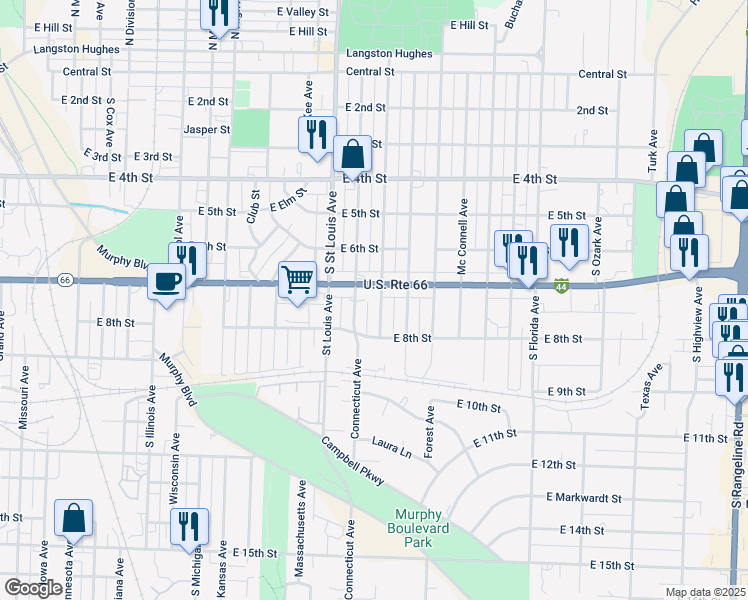 map of restaurants, bars, coffee shops, grocery stores, and more near 715 South Park Avenue in Joplin