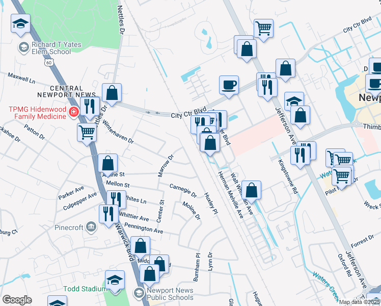 map of restaurants, bars, coffee shops, grocery stores, and more near 51 Huxley Place in Newport News