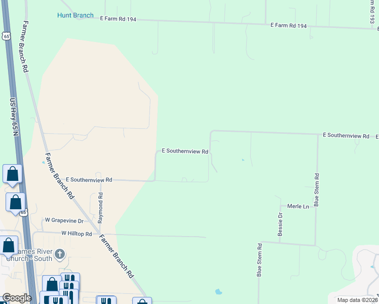 map of restaurants, bars, coffee shops, grocery stores, and more near 1266 East Southernview Road in Ozark