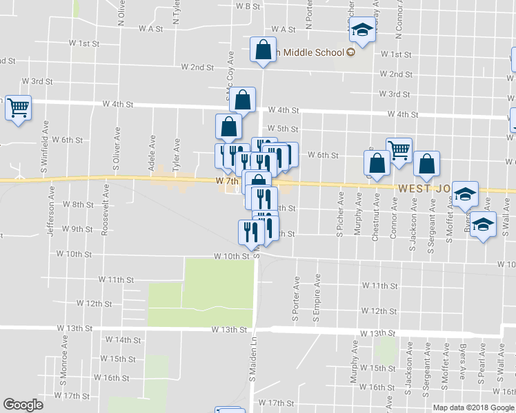 map of restaurants, bars, coffee shops, grocery stores, and more near 1499 West 8th Street in Joplin