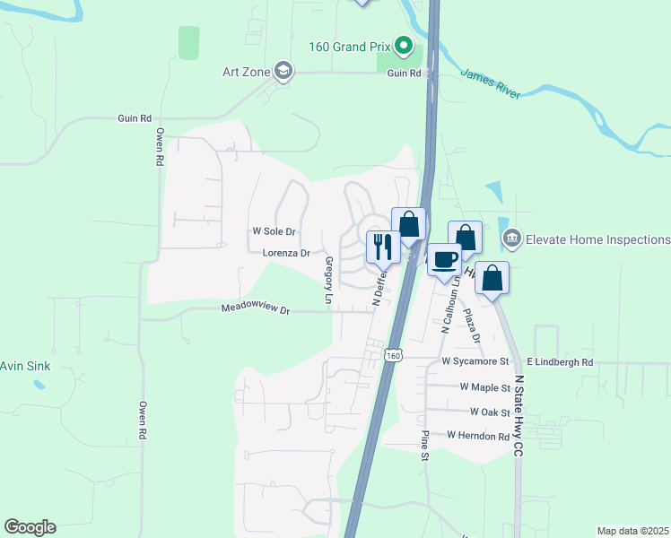 map of restaurants, bars, coffee shops, grocery stores, and more near 164 English Village Park in Nixa