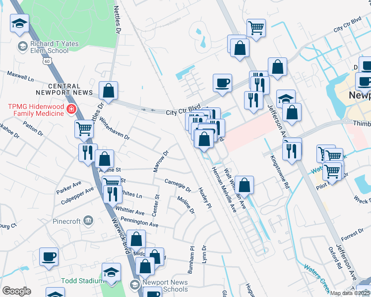 map of restaurants, bars, coffee shops, grocery stores, and more near 51 Huxley Place in Newport News