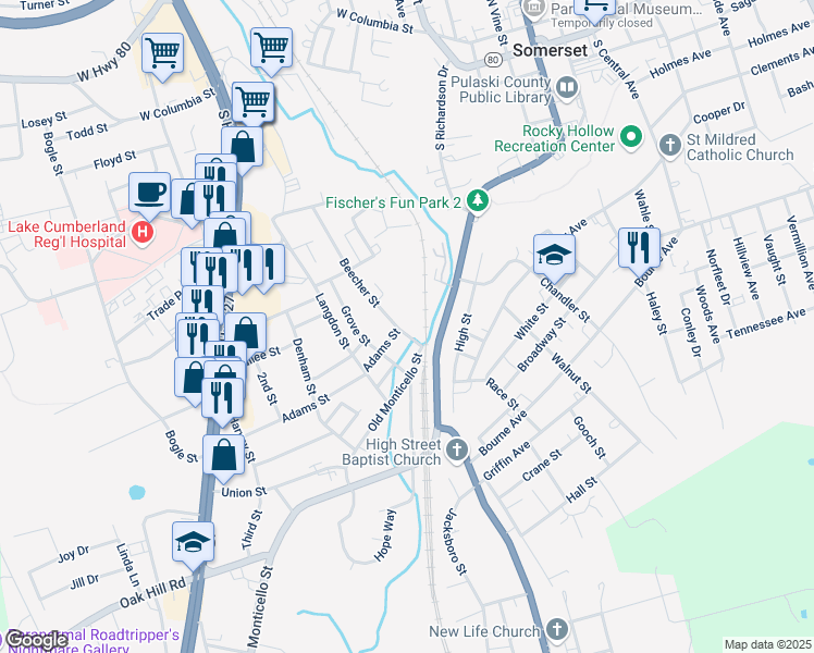 map of restaurants, bars, coffee shops, grocery stores, and more near Beecher St in Somerset