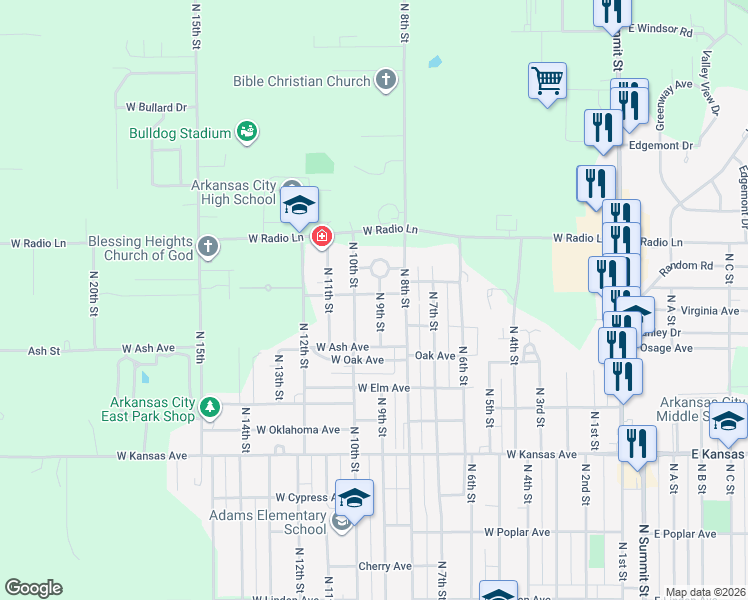 map of restaurants, bars, coffee shops, grocery stores, and more near 1814 North 9th Street in Arkansas City
