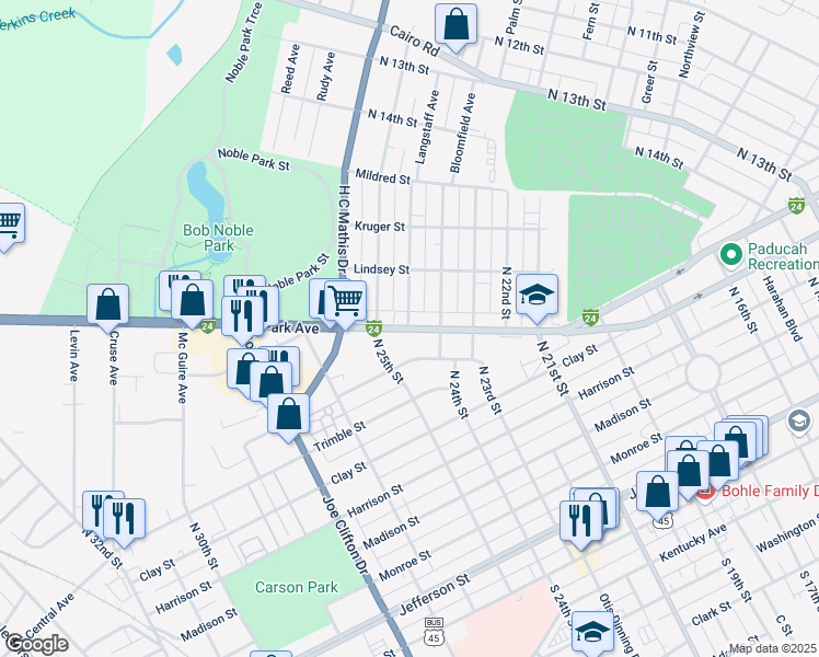 map of restaurants, bars, coffee shops, grocery stores, and more near Park Avenue in Paducah