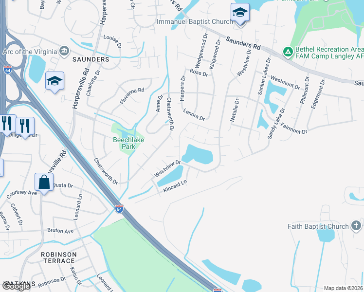 map of restaurants, bars, coffee shops, grocery stores, and more near 95 North Lake Loop in Hampton