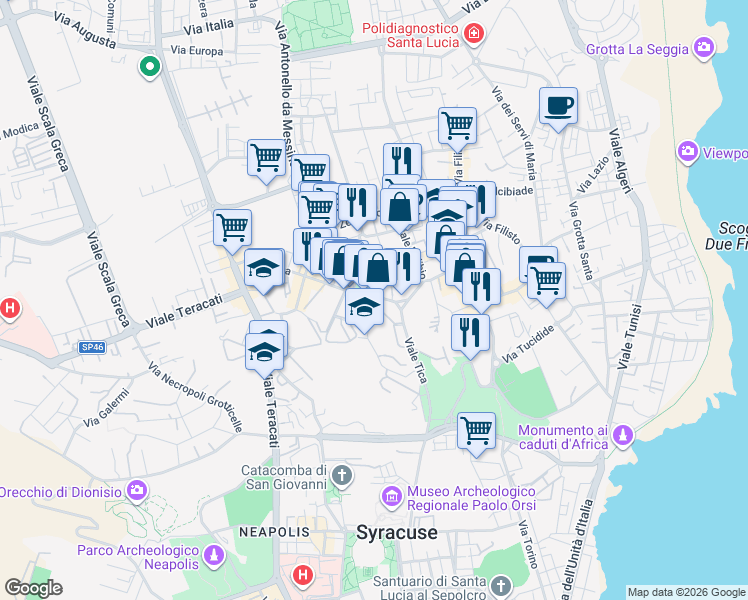 map of restaurants, bars, coffee shops, grocery stores, and more near 103 Viale Tica in Syracuse