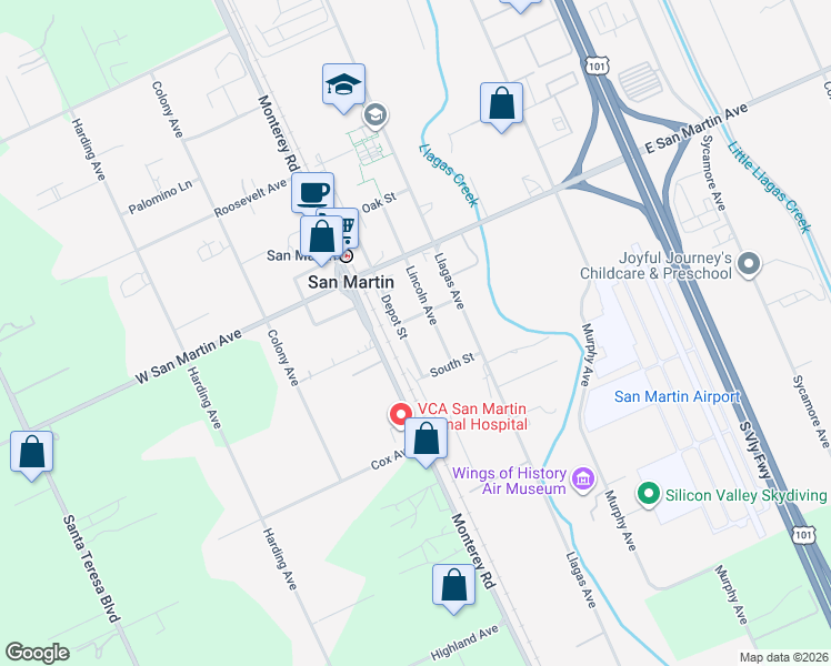 map of restaurants, bars, coffee shops, grocery stores, and more near 13170 Depot Street in San Martin