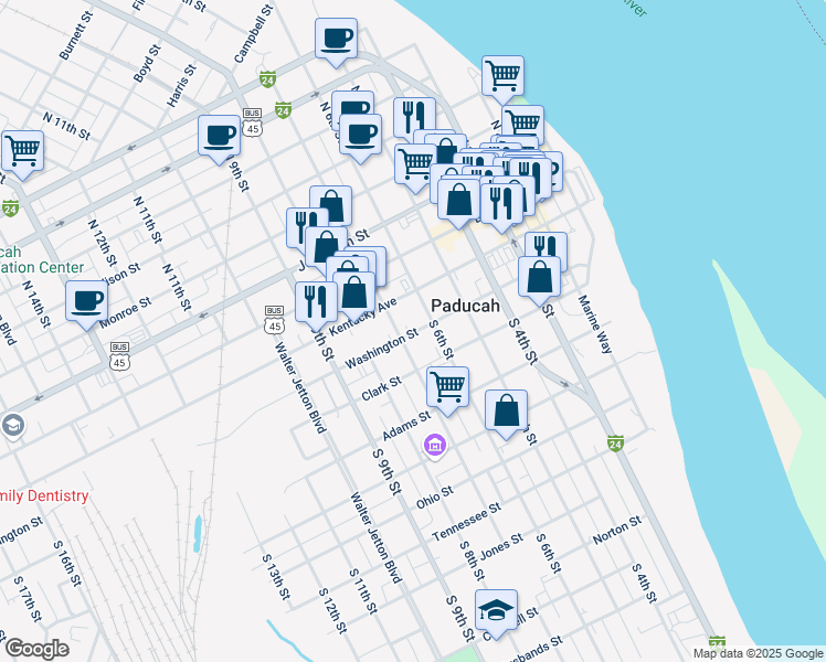 map of restaurants, bars, coffee shops, grocery stores, and more near in Paducah