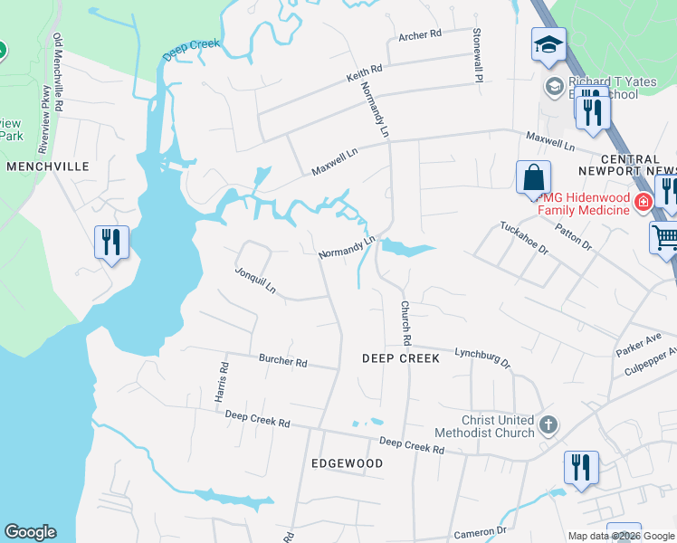 map of restaurants, bars, coffee shops, grocery stores, and more near 94 Shamrock Lane in Newport News