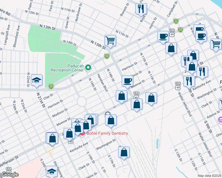 map of restaurants, bars, coffee shops, grocery stores, and more near 320 Harahan Boulevard in Paducah