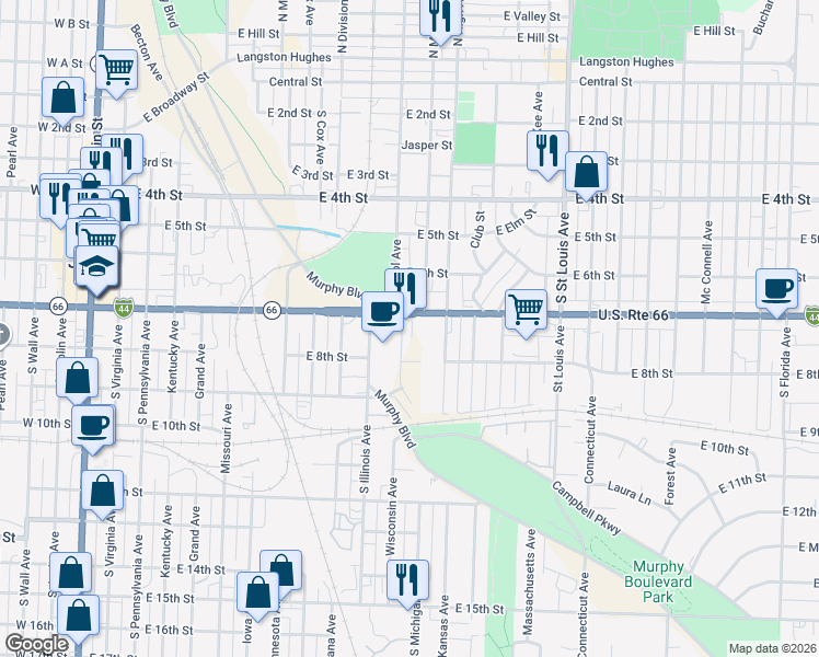 map of restaurants, bars, coffee shops, grocery stores, and more near Wisconsin Avenue in Joplin