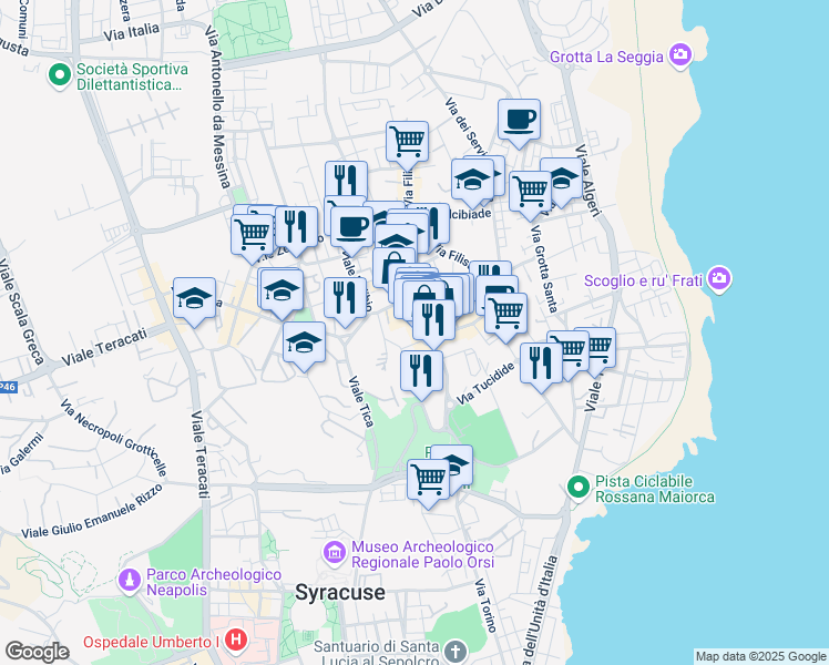 map of restaurants, bars, coffee shops, grocery stores, and more near 4 Via Tisia in Siracusa