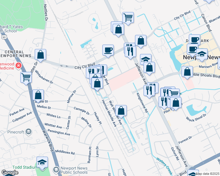 map of restaurants, bars, coffee shops, grocery stores, and more near 1100 William Styron Square South in Newport News