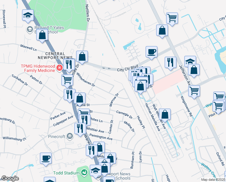 map of restaurants, bars, coffee shops, grocery stores, and more near 457 Summer Drive in Newport News