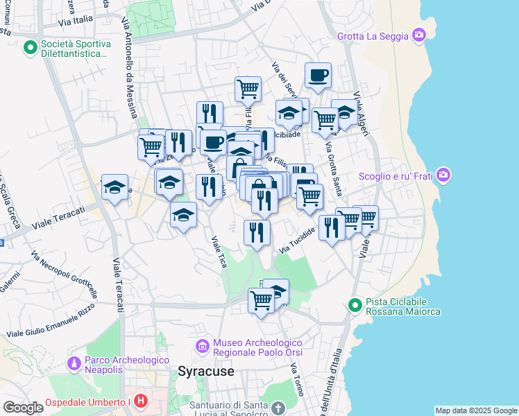 map of restaurants, bars, coffee shops, grocery stores, and more near 4 Via Tisia in Siracusa