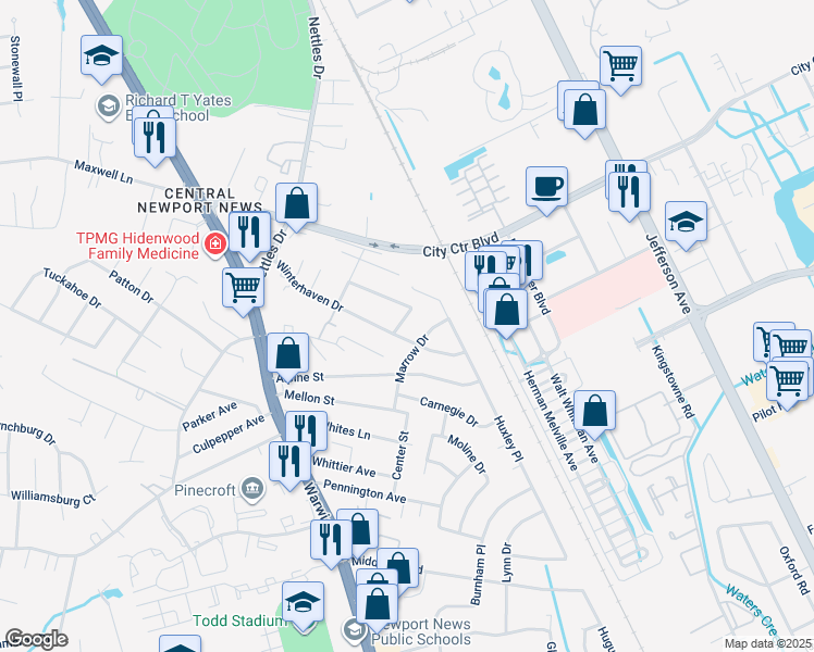 map of restaurants, bars, coffee shops, grocery stores, and more near 457 Summer Drive in Newport News
