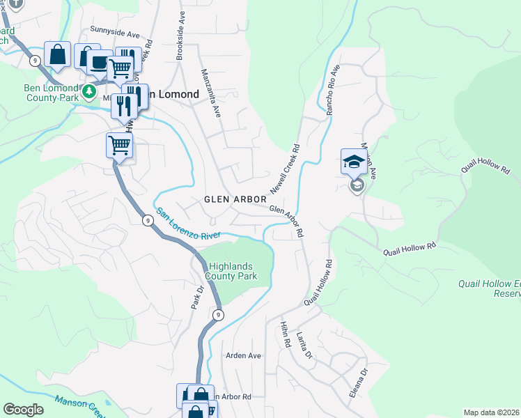 map of restaurants, bars, coffee shops, grocery stores, and more near 290 Riverside Railroad Drive in Ben Lomond