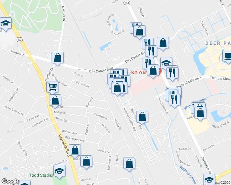 map of restaurants, bars, coffee shops, grocery stores, and more near 159 Herman Melville Avenue in Newport News