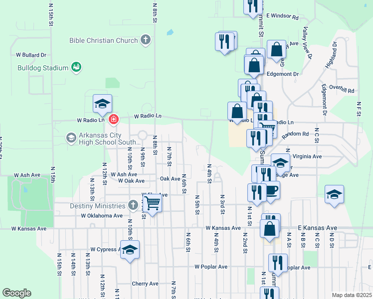 map of restaurants, bars, coffee shops, grocery stores, and more near 1803 North 6th Street in Arkansas City