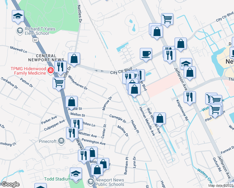 map of restaurants, bars, coffee shops, grocery stores, and more near 2630 Marrow Dr in Newport News