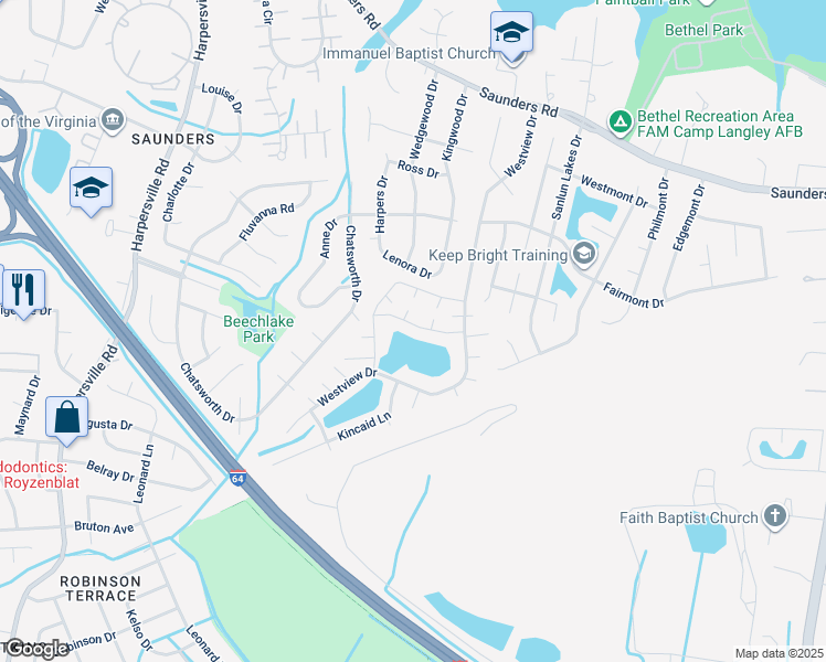 map of restaurants, bars, coffee shops, grocery stores, and more near 45 Dawn Lane in Hampton