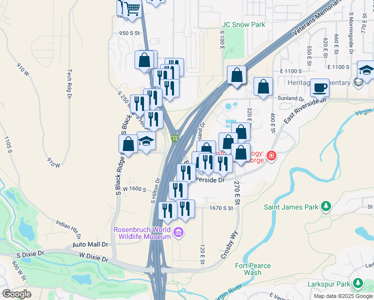 map of restaurants, bars, coffee shops, grocery stores, and more near 1870 Centennial Drive in St. George