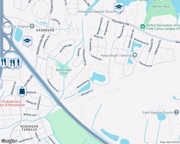 map of restaurants, bars, coffee shops, grocery stores, and more near 95 North Lake Loop in Hampton