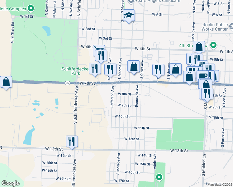 map of restaurants, bars, coffee shops, grocery stores, and more near 806 South Monroe Avenue in Joplin