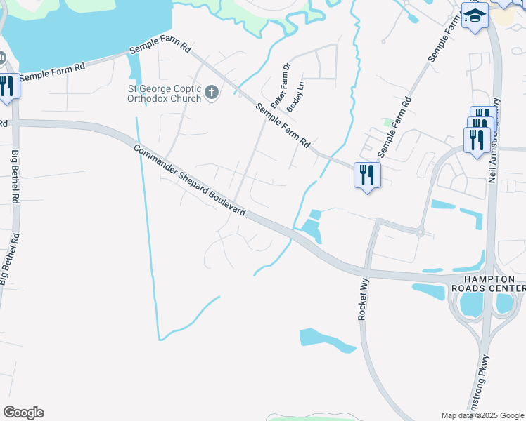 map of restaurants, bars, coffee shops, grocery stores, and more near 6 Dornock Court in Hampton