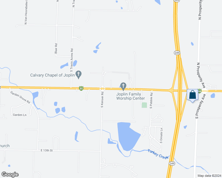 map of restaurants, bars, coffee shops, grocery stores, and more near Interstate 44 Business Loop in Joplin