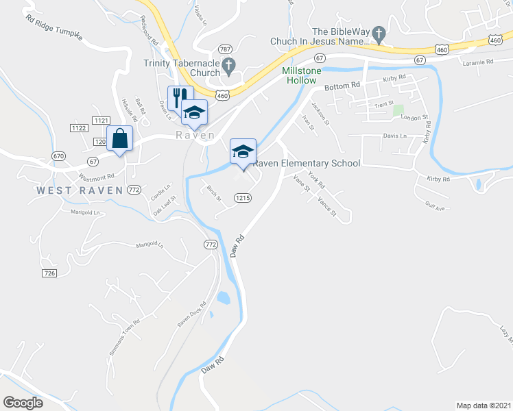 map of restaurants, bars, coffee shops, grocery stores, and more near 374 Daw Road in Raven