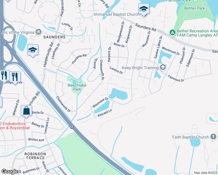 map of restaurants, bars, coffee shops, grocery stores, and more near 95 North Lake Loop in Hampton