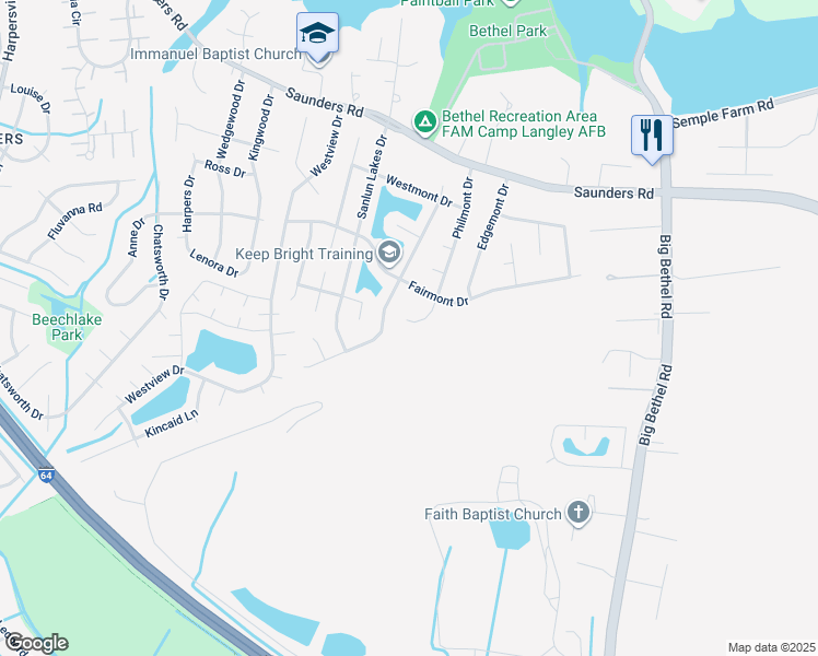 map of restaurants, bars, coffee shops, grocery stores, and more near 57 Philmont Dr in Hampton