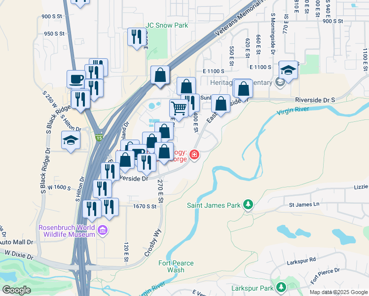 map of restaurants, bars, coffee shops, grocery stores, and more near 377 East Riverside Drive in St. George