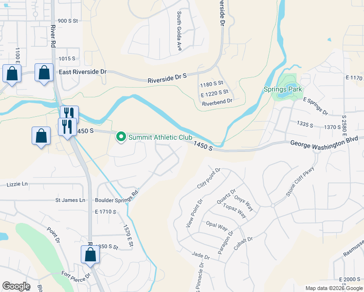 map of restaurants, bars, coffee shops, grocery stores, and more near 1839 East Boulder Springs Circle in St. George